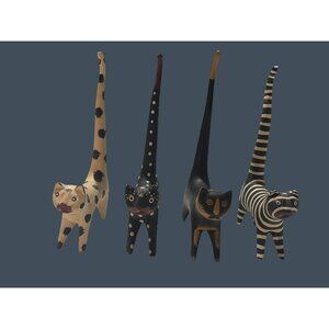 Set Of 4 Hand-Carved Wooden Cat Figurines With Painted Patterns 7"